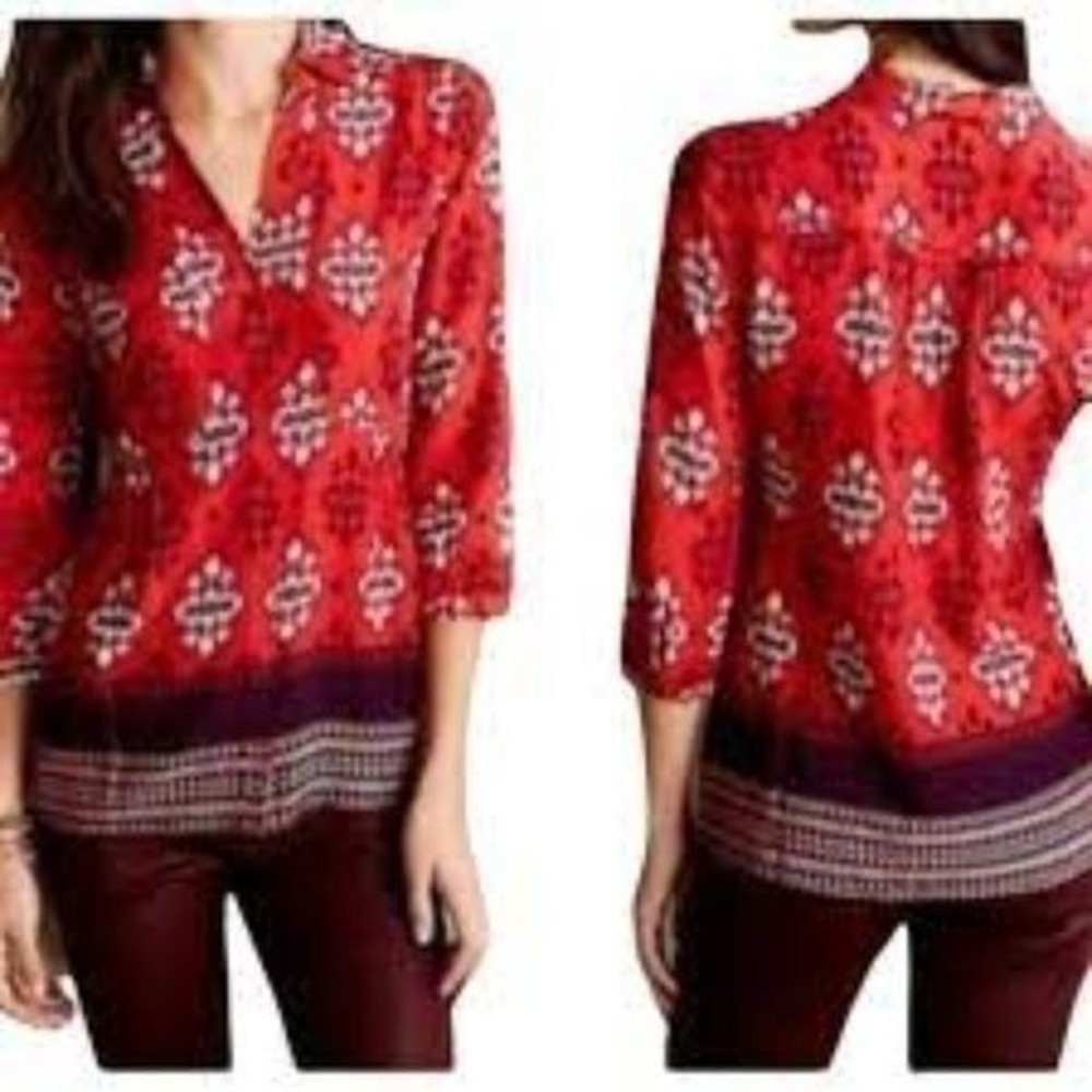 Maeve Anthropologie Red Ikat Print Button Front Tunic Blouse 3/4 Sleeve Size S